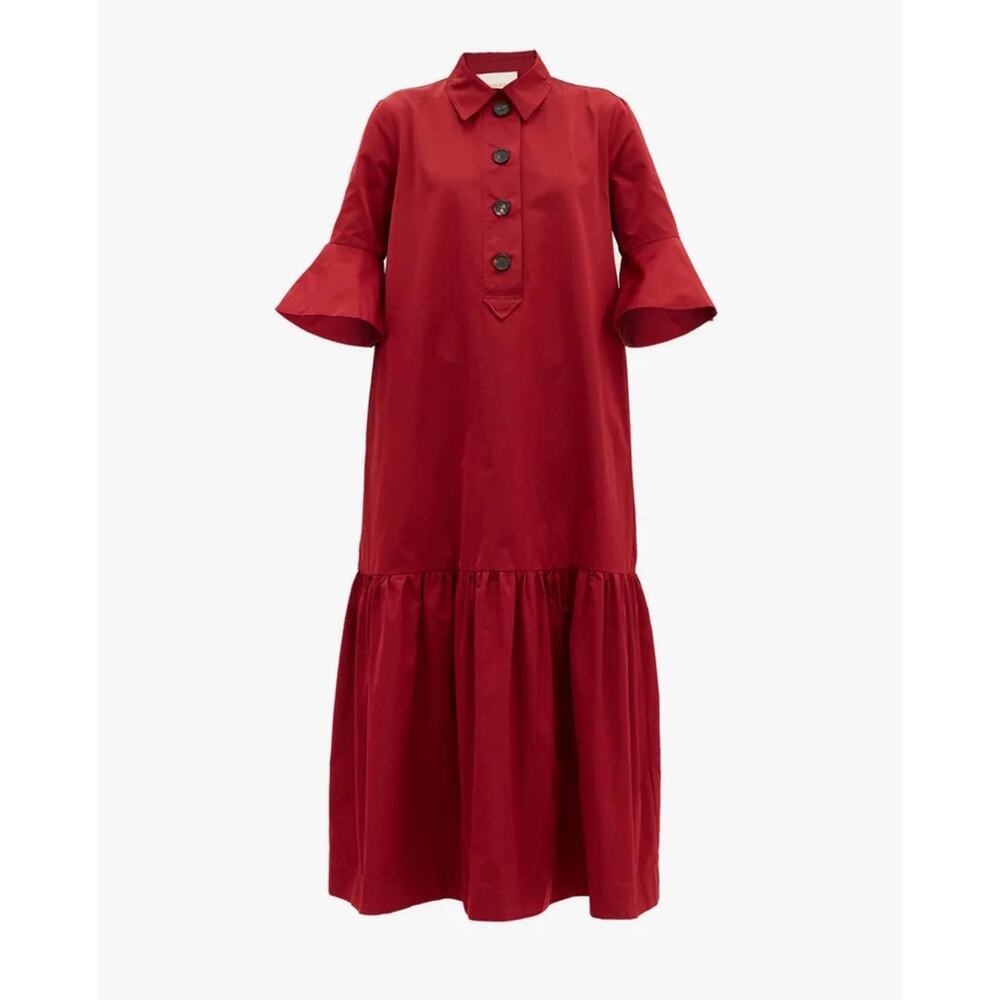 LaDoubleJ Artemis Fluted-Sleeve Maxi Button Up Shirt Dress Red Size Small